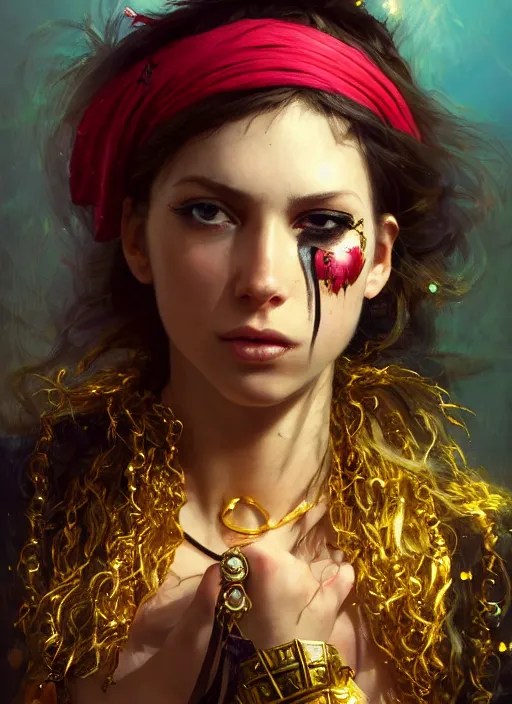 Image similar to full body picture of a pirate girl, hard breathing, messy hair, very excited, front of the treasure box, jewels and gold on the background, coveted, beautiful and aesthetic and attractive and detailed face, specular reflection, occlusion shadow, intricate, bokeh, masterpiece, by ilya kuvshinov and jeremy lipking and quentin mabille