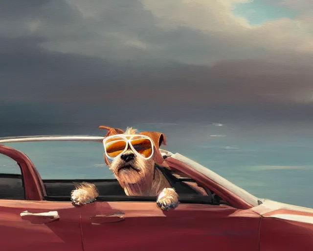 Prompt: a painting of a hipster dog driving a convertible in monte carlo, holding the wheel, in the style of greg rutkowski, highly detailed