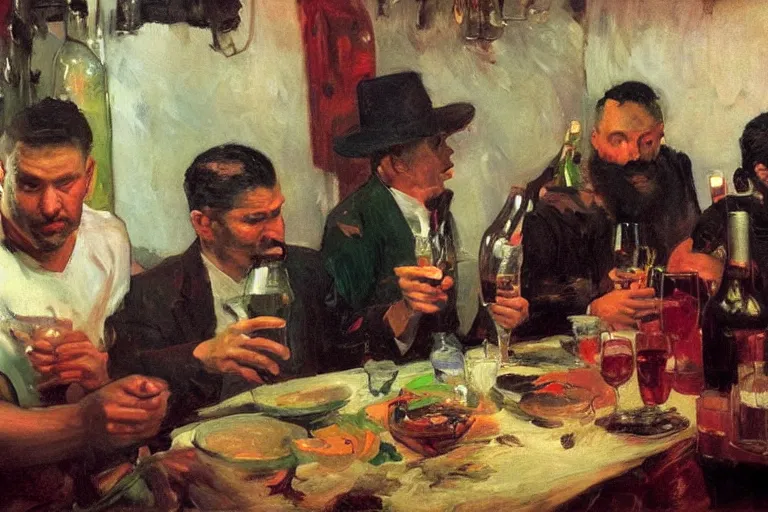 Prompt: cholos drinking brutal and raw wine, inside a tiny green room with red lights by joaquin sorolla, greg rutkowski, bill sienckiwicz, extremely detailed