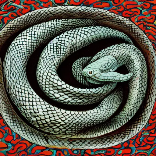 Prompt: ouroboros snake biting its own tail in a circle, making a ring, dark shades, highly detailed scales and head, painting in the style of Mark Grotjahn,