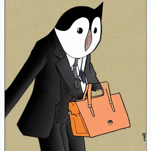 Prompt: barn owl in a black suit wearing an office bag going to the office,drawn by Hayao Miyazaki , highly detailed,anime, anime shot,anime colours, inspired by My Neighbor Totoro 1988,cell shading