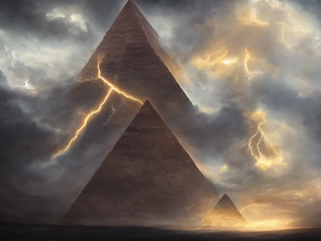 Prompt: a giant stormy rift in reality opens over a pyramid in the desert, award-winning, trending on artstation, oil on canvas, masterpiece, matte painting