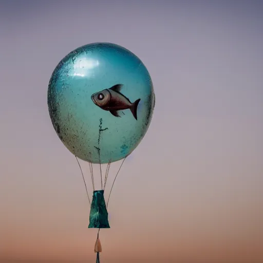 Image similar to a fish floating away from the sea tied to a ballon