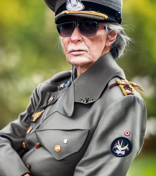 Image similar to award winning 5 5 mm portrait color photo of an admiral cat in full military outfit and aviators, in a park by luis royo. soft light. sony a 7 r iv