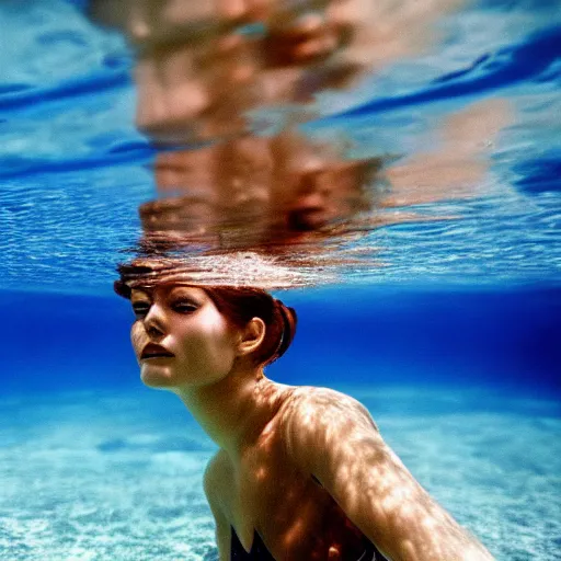 Image similar to underwater photography full portrait of a young beautiful woman swimming by terry o'neill