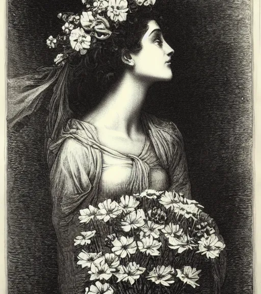 Image similar to black and white, close-up woman eyes in flowers, Gustave Dore lithography