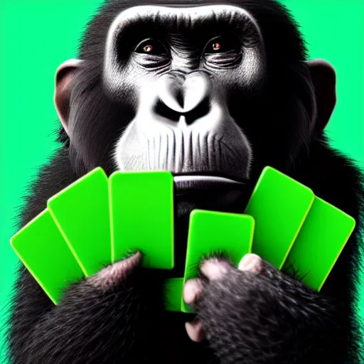 Prompt: Smug ape holding a handful of green 2d rectangles, studio portrait, high detail, artstation, digital painting, 8k, concept art