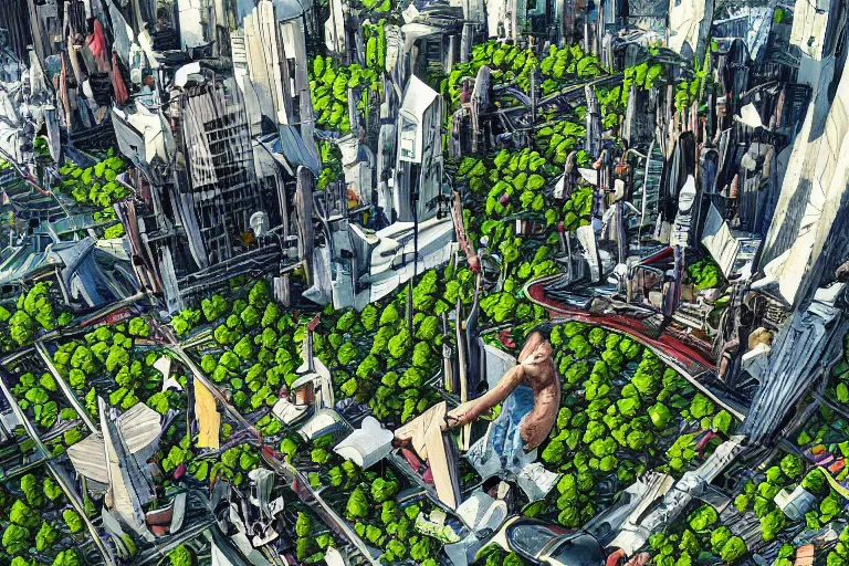 Image similar to birds eye view of a gigantic drift wood monster looming over a bright and lush futuristic city by