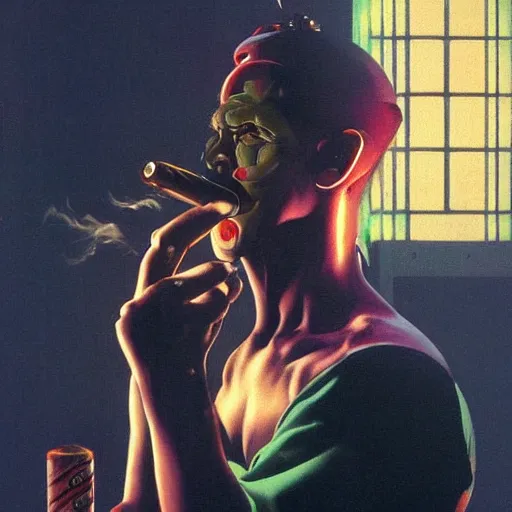 Image similar to An android smoking a cigar in a cyberpunk setting by Frank Frazetta, Trending on Artstation, 1980s computer graphics,