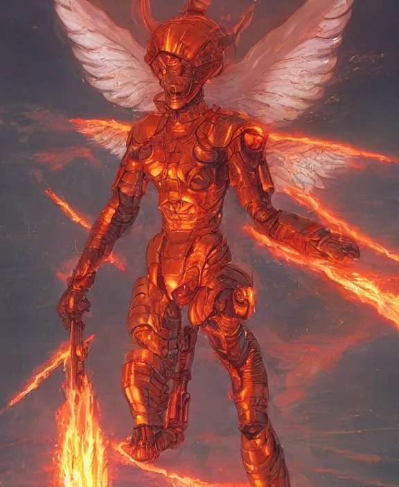 Image similar to a highly detailed 4 k concept art of a fiery angel in a futuristic battle suit pointing directly at the viewer by moebius