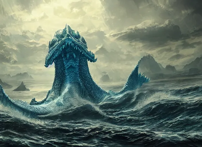 Prompt: a leviathan rising from the ocean, fantasy, ultra realistic, highly detailed, epic landscape, ancient, atmosphere, cinematic, art by darwin cellis and liang yao and chenxi kang