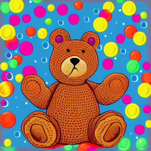 Image similar to teddybear surrounded by bubbles, vector art, crochet, cute, art print, lithography