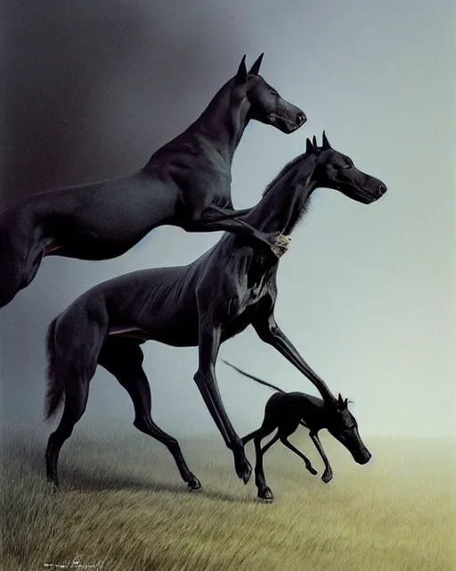 Image similar to painting of hybrid between black weimaraner & black stallion horse! & intercrossed animal, by zdzislaw beksinski, by mattias adolfsson, concept art, single object scene, beautiful composition, 8 k, digital painting