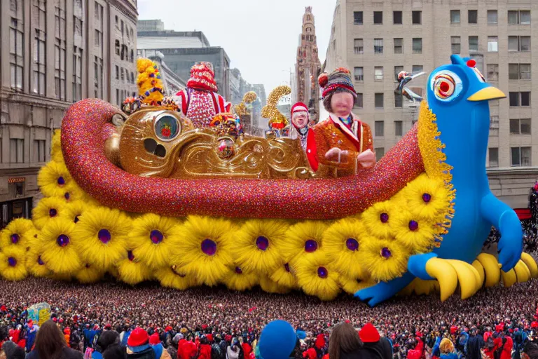 Prompt: photo of giant beautiful elaborate parade float designed by wes anderson, in the macys parade, detailed 4 k photo,