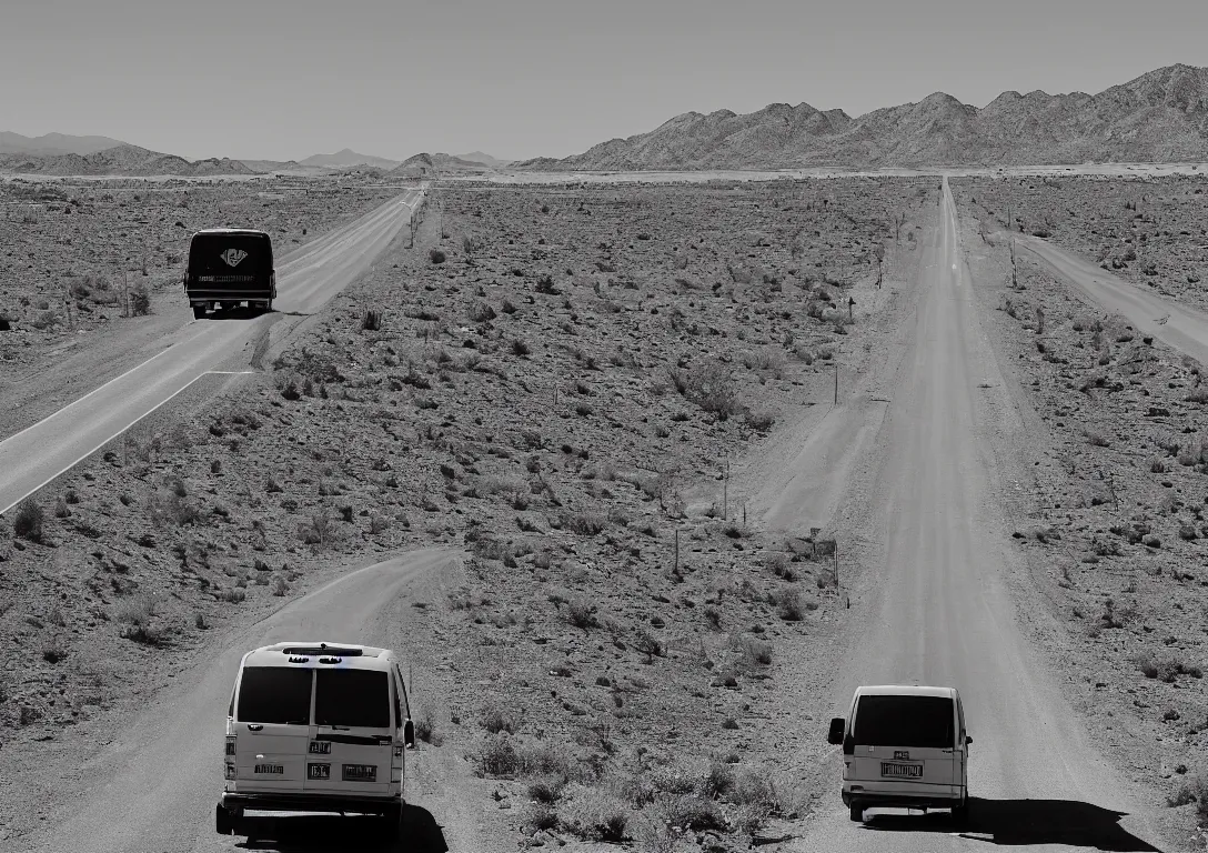 Image similar to a black and white picture of a van driving into the distance on a desert highway, by Joe Jusko