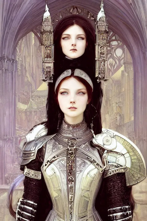 Image similar to beautiful luxury and victorian and elite and holy young female medieval white armor knight portrait like lisa blackpink+shinny eyes+front face with light flowing hair, ultradetail face, gothic cathedral, art and illustration by tian zi and craig mullins and WLOP and alphonse mucha, ssci-fi, fantasy, intricate complexity, human structure, hypermaximalist, fantasy character concept, dynamic lighting, neon light, watermark, blurry, hyperrealism 8k