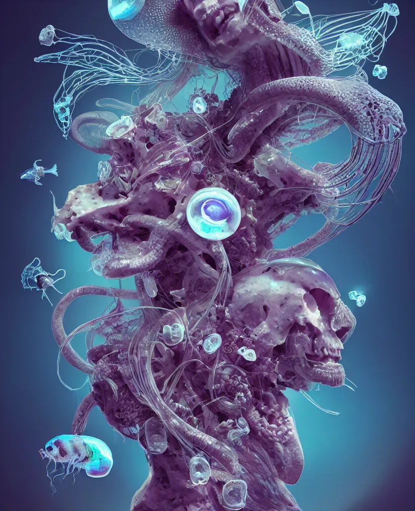 Image similar to goddess close-up portrait ram skull, thorax, x-ray, backbone, jellyfish phoenix head, nautilus, orchid, skull, betta fish, bioluminiscent creatures, intricate artwork by Tooth Wu and wlop and beeple. octane render, trending on artstation, greg rutkowski very coherent symmetrical artwork. cinematic, hyper realism, high detail, octane render, 8k