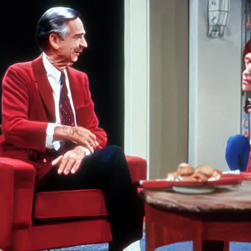 Image similar to Elvira sitting next to Mr. Rogers 8k hdr