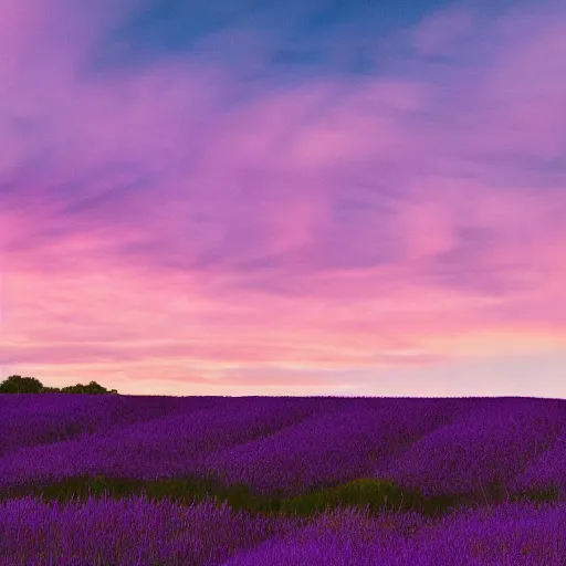 Prompt: photo of a desk on a purple field blue clouds