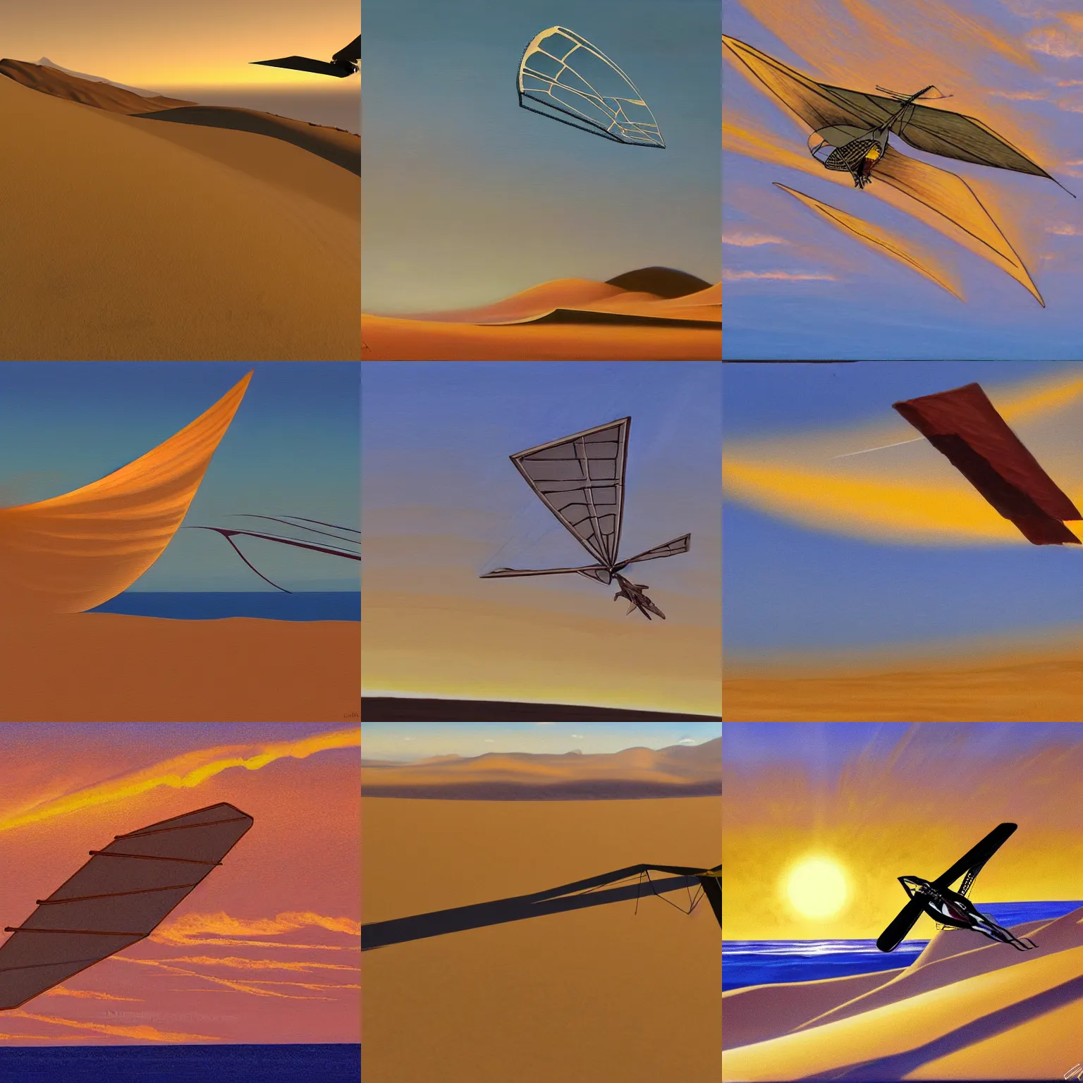 Prompt: framed Ornithopter in flight. Dune in background, setting sun. Epic painting, highlight, shaders.