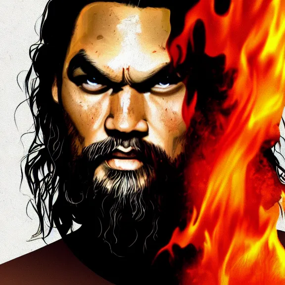 Prompt: digital painting of jason momoa on fire. portrait. ArtStation. Rule of thirds. Silouette. Pain. Marco Bucci.