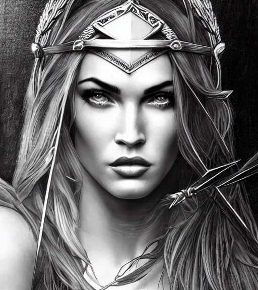 Image similar to portrait of megan fox as beautiful aphrodite goddess as an archer, arrow crown, beautiful piercing eyes, flowing blonde hair, realistic face, black and white drawing, in the style of greg rutkowski, fantasy, amazing detail, epic, intricate, elegant, smooth, sharp focus