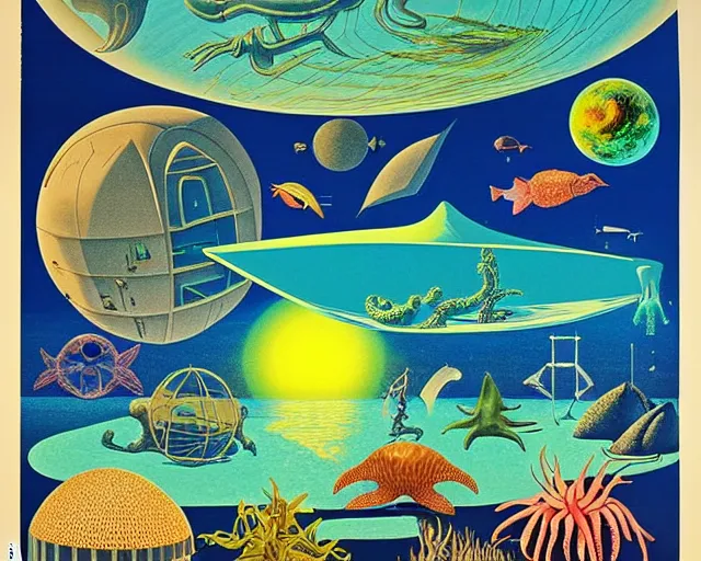 Image similar to 1976 science fiction poster, cut out, nouvelle vague, beach on the outer rim, epic theater, tropical sea creatures, aquatic plants, drawings in style of Terry Gilliam, composition William S Boroughs, written by Michael Ende