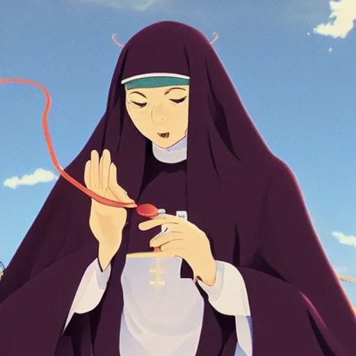 Image similar to female catholic nun playing with yoyos, highly detailed, in the style of makoto shinkai,