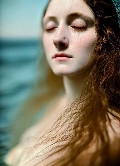 Image similar to Kodak Portra 400, 8K, soft light, volumetric lighting, highly detailed, sharp focus,britt marling style 3/4, Close-up portrait photography of a beautiful woman how pre-Raphaelites a woman with her eyes closed is surrounded by water , with the nape in the water, she has a beautiful lace dress and hair are intricate with highly detailed realistic beautiful flowers , Realistic, Refined, Highly Detailed, natural outdoor soft pastel lighting colors scheme, outdoor fine art photography, Hyper realistic, photo realistic