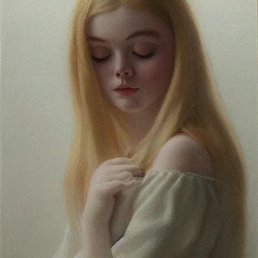 Image similar to Painting of Elle Fanning dreaming, long blonde hair, delicate, pale milky white porcelain skin, by Quint Buchholz. 8K. Extremely detailed.