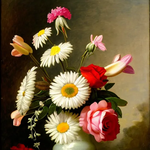 Image similar to a still life of a vase of flowers with a mix of roses daisies and lilies.