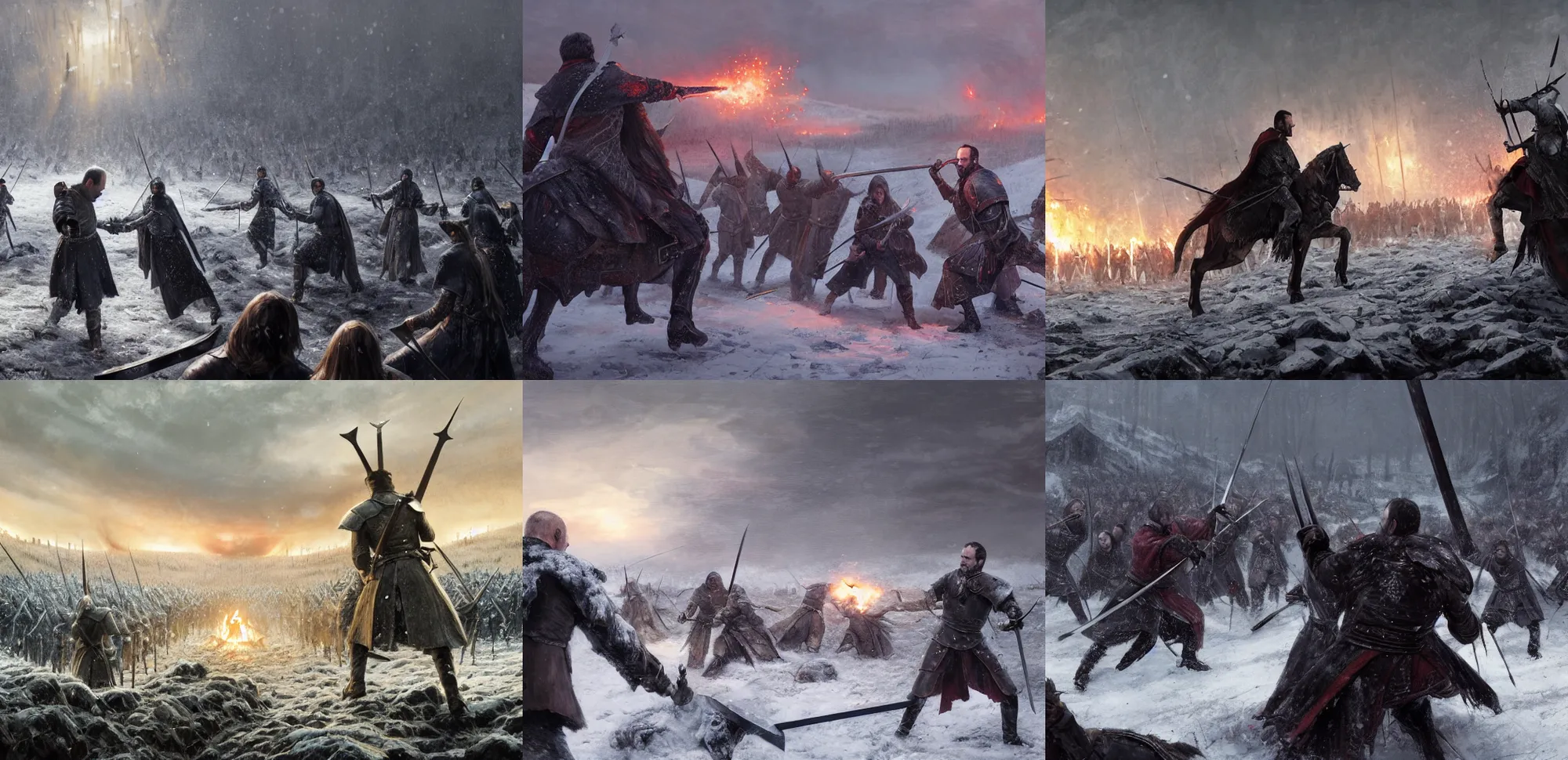 Prompt: cinematic artwork of Stannis Baratheon clashing swords with the enemy in a battle in Winterfell, Game of Thrones, by Greg Rutkowski, 4k, masterpiece, sun rays