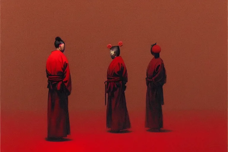 Image similar to only with red, a red samurai harakiri, tokio, a lot of frogs watch, in the style of beksinski, parts by edward hopper, parts by rodcenko, parts by yue minjun, intricate and epic composition, red by caravaggio, insanely quality, highly detailed, masterpiece, red light, artstation, 4 k