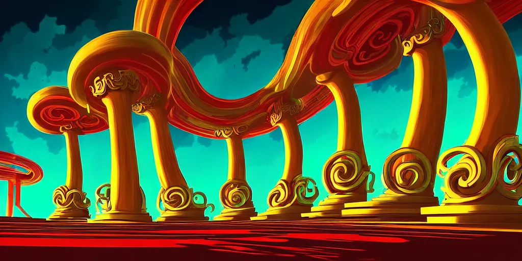 Prompt: curled perspective digital art of curly clouds entrance to the casino with marble columns by anton fadeev from nightmare before christmas