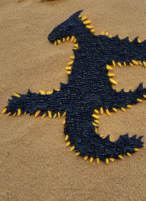 Image similar to godzilla as cheese on the sand of a beach