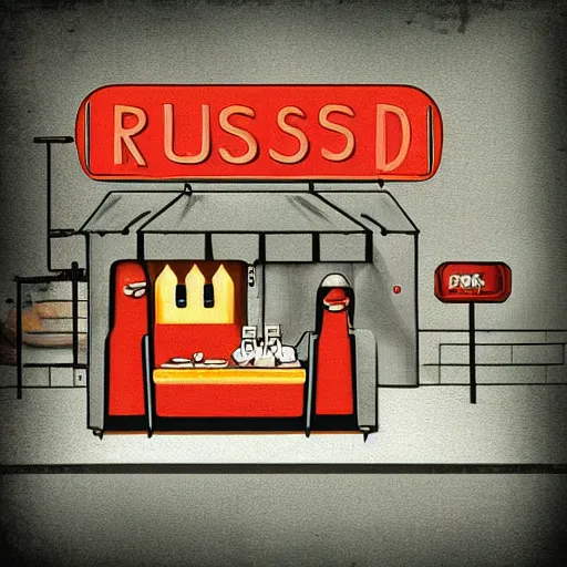 Prompt: a fast food restaurant named rust runned by cute tiny robots, digital art