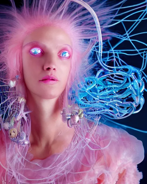 Image similar to natural light, soft focus portrait of a cyberpunk anthropomorphic jellyfish with soft synthetic pink skin, blue bioluminescent plastics, smooth shiny metal, elaborate ornate head piece, piercings, skin textures, by annie leibovitz, paul lehr