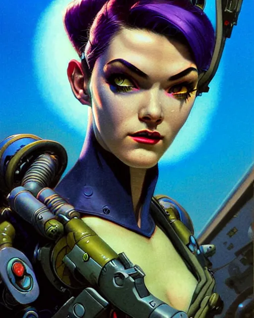 Prompt: widowmaker from overwatch, character portrait, portrait, close up, concept art, intricate details, highly detailed, vintage sci - fi poster, retro future, in the style of chris foss, rodger dean, moebius, michael whelan, and gustave dore