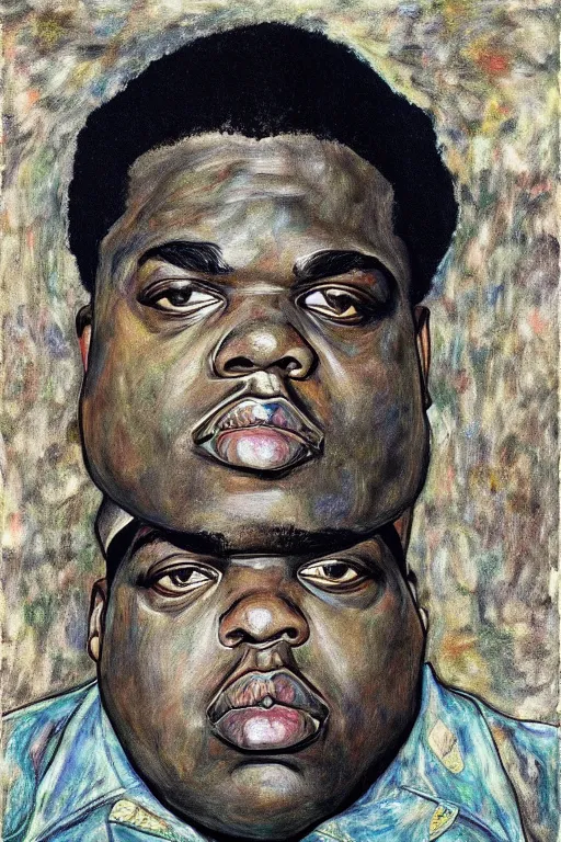 Image similar to a portrait of biggie smalls in style of egon schiele, masterpiece, hyperdetailed, complex, intricate, old school, 9 0 s, notorious b. i. g. style, 4 k, trending on artstation