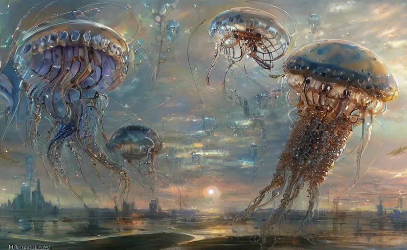 Image similar to Cyborg biomechanical jellyfish city. By Konstantin Razumov, highly detailded