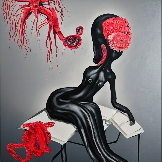 Image similar to empty room with black walls, a portrait of a female pathologist, an octopus, wilted flowers, squashed berries, neo - expressionism, surrealism, acrylic and spray paint and oilstick on canvas