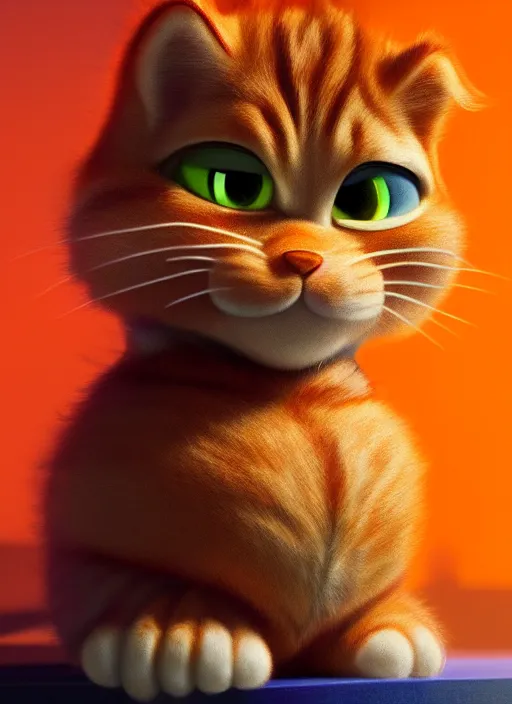 Image similar to photo of a gorgeous young garfield in the style of stefan kostic, and Beeple, realistic, sharp focus, 8k high definition, insanely detailed, intricate, elegant, art by stanley lau and artgerm