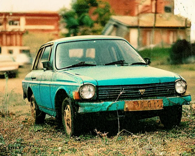 Image similar to a lomographic photo of old lada 2 1 0 7 standing in typical soviet yard in small town, hrushevka on background, cinestill, bokeh