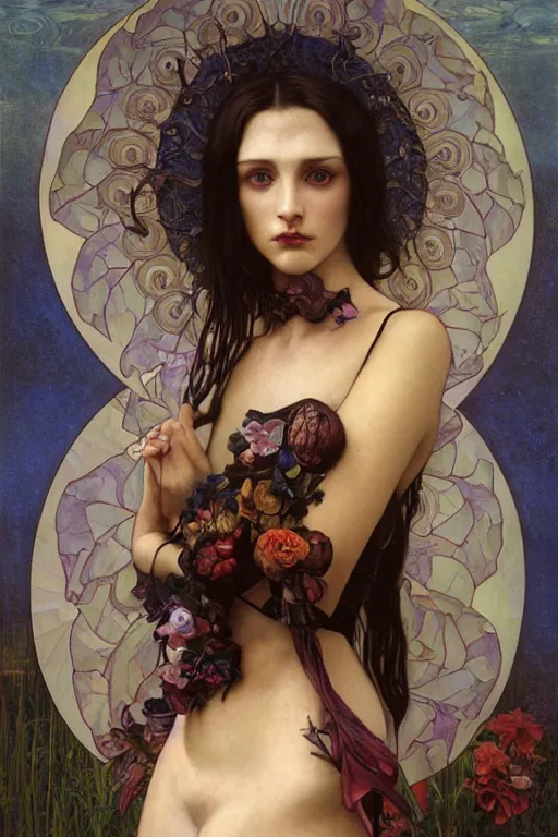 Image similar to masterpiece painting of ephemeral vampire raven haired girl by donato giancola, darius zawadzki and tom bagshaw, face by artgerm and edmund leighton, alphonse mucha, background by james jean and gustav klimt, 8 k, horror, dark color palette, volumetric lighting, porcelain skin, french nouveau, trending on pixiv