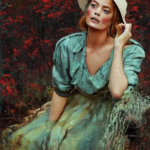 Image similar to happy very thick paint brush strokes paint texture full body fashion model very worn out very rusty margot robbie by Jeremy Lipking by Hasui Kawase by Richard Schmid (((smokey eyes makeup eye shadow fantasy, glow, shimmer as victorian woman in a long white frilly lace dress and a large white hat having tea in a sunroom filled with flowers, roses and lush fern flowers ,intricate, night, highly detailed, dramatic lighting))) , high quality