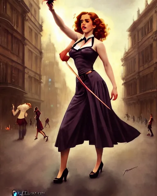 Image similar to pinup photo of hermione granger by emma watson in the crowded square of the city, by greg rutkowski, gil elvgren, enoch bolles, glossy skin, pearlescent, very coherent, flat