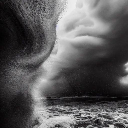 Image similar to a huge tsunami wave about to crash over manhattan, epic cinematic low angle shot from the street, looking up at the wave, end of the world vibes, dark and gloomy, details visible