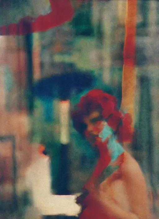 Prompt: out of focus, head to shoulders woman, photography by saul leiter and ernst haas in a decorated pompeii peristylium, tea green, airforce blue, red, closed eyes