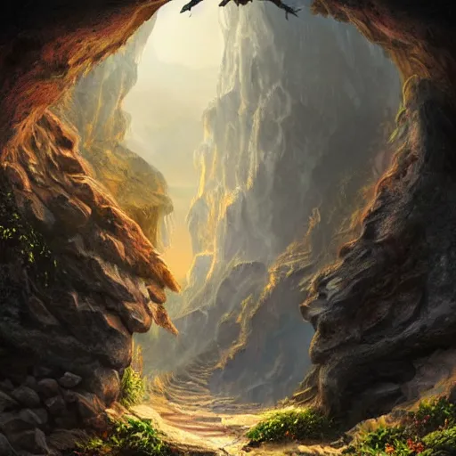 Image similar to beautiful matte painting of a fantasy cave entrance