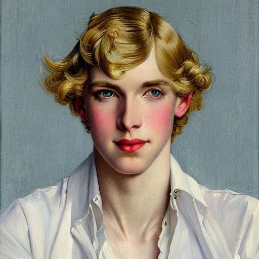 Image similar to beautiful portrait painting of the androgynous pale blond prince Lucius with long curly blond hair, delicate young man wearing an open white dress shirt smiling sleepily at the viewer, curtain bangs over his eyebrows, symmetrically parted fringe, in love by J.C Leyendecker and Norman Rockwell